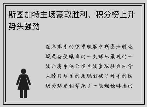 斯图加特主场豪取胜利，积分榜上升势头强劲