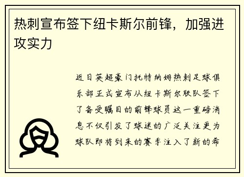 热刺宣布签下纽卡斯尔前锋，加强进攻实力